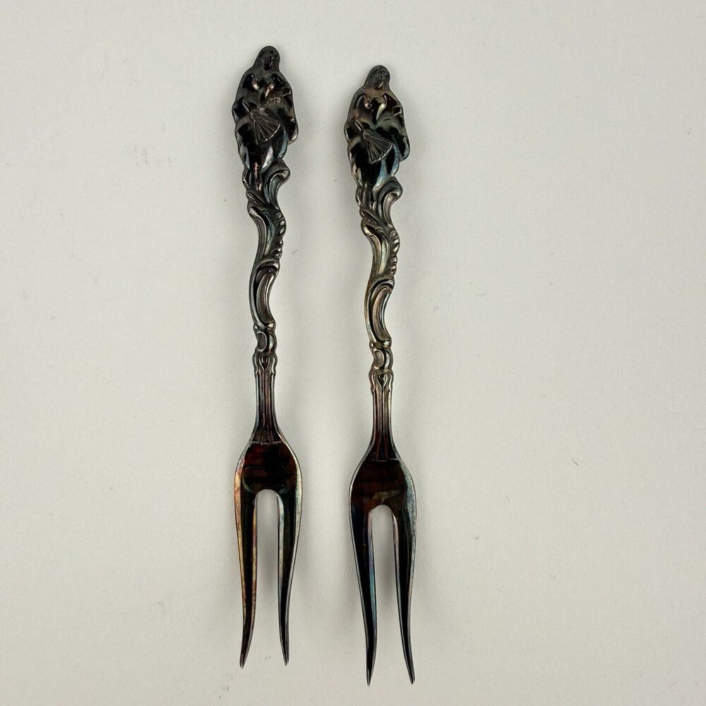 Ornate Vintage 4" Figural Swedish Silverplate Appetizer/Snail Forks~Dancing Lady